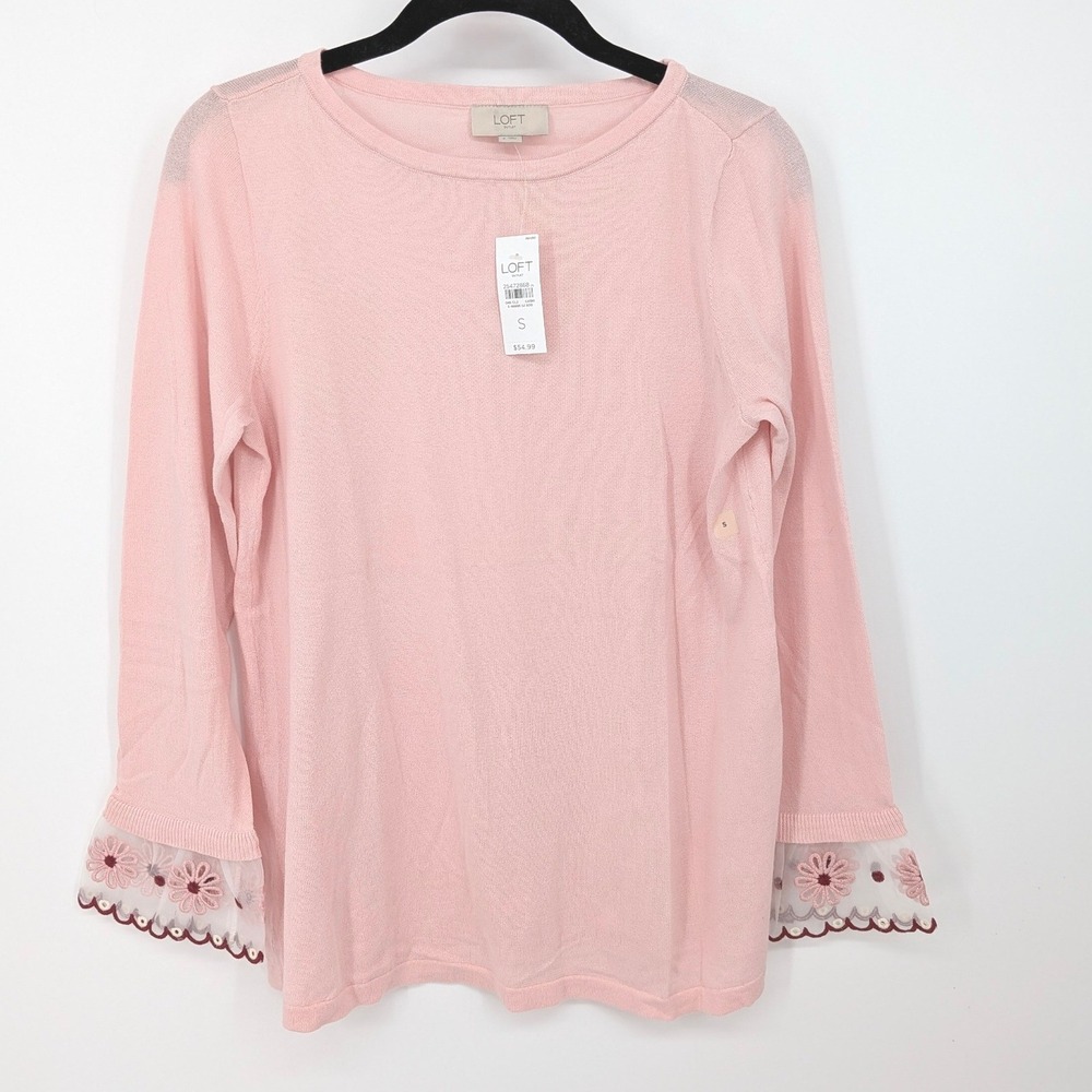 LOFT Sweater Womens Small Pink Floral Embroidered Lace Cotton Long Sleeve Pastel